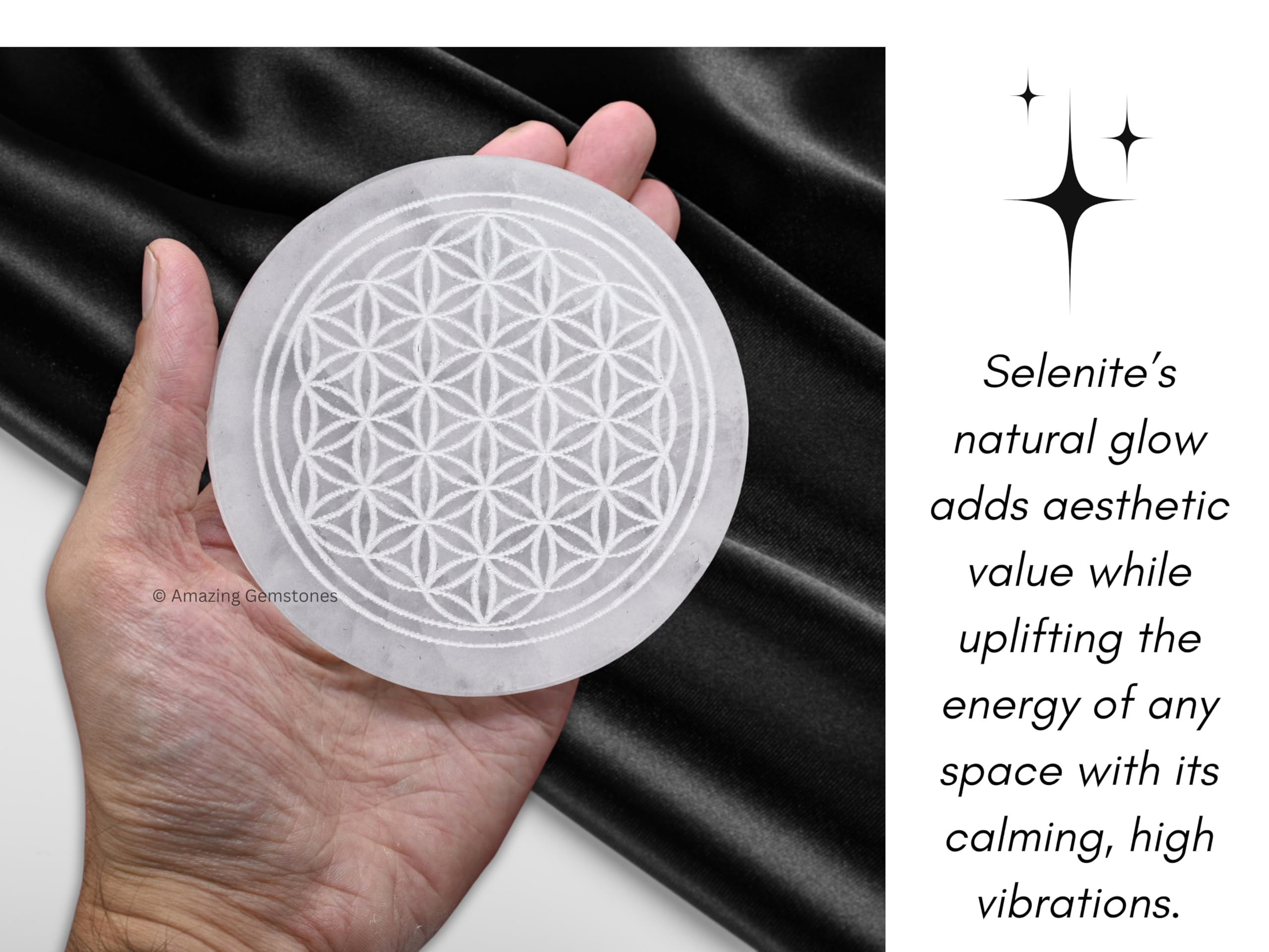 Amazing Gemstone selenite plate on nightstand for calm workspace and relaxation