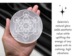 Amazing Gemstone Selenite Plate with crystals as decorative desk accessory.