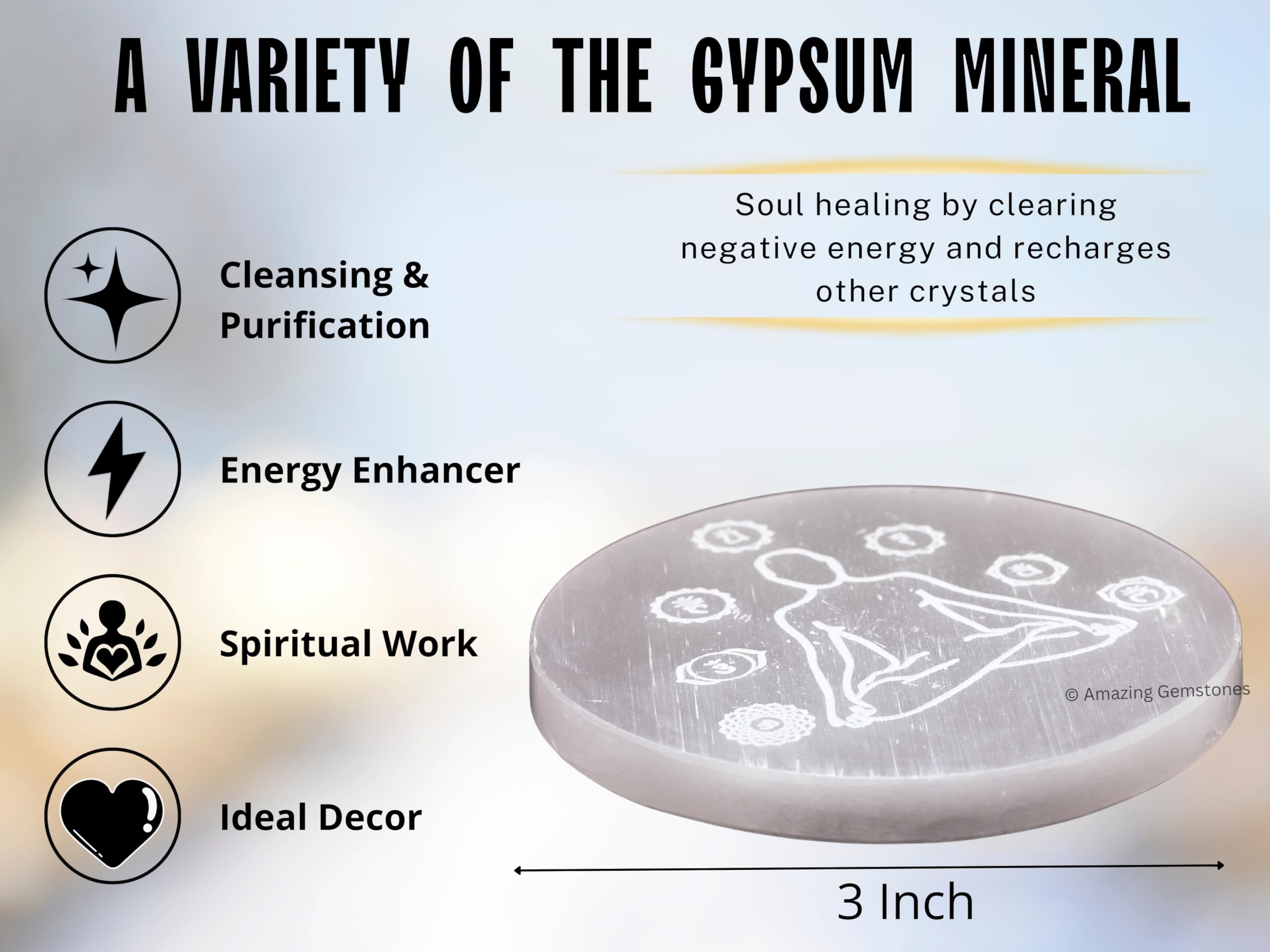 Amazing Gemstone Selenite plate with Buddha engraving supports meditation and calm focus