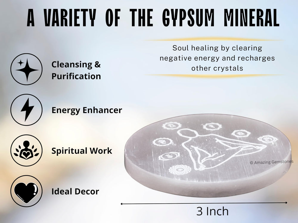 Amazing Gemstone Selenite plate with Buddha engraving supports meditation and calm focus
