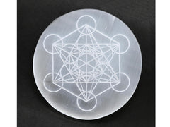 Amazing Gemstone Selenite Plate Metatron engraving close-up, adds spiritual ambiance while charging stones.