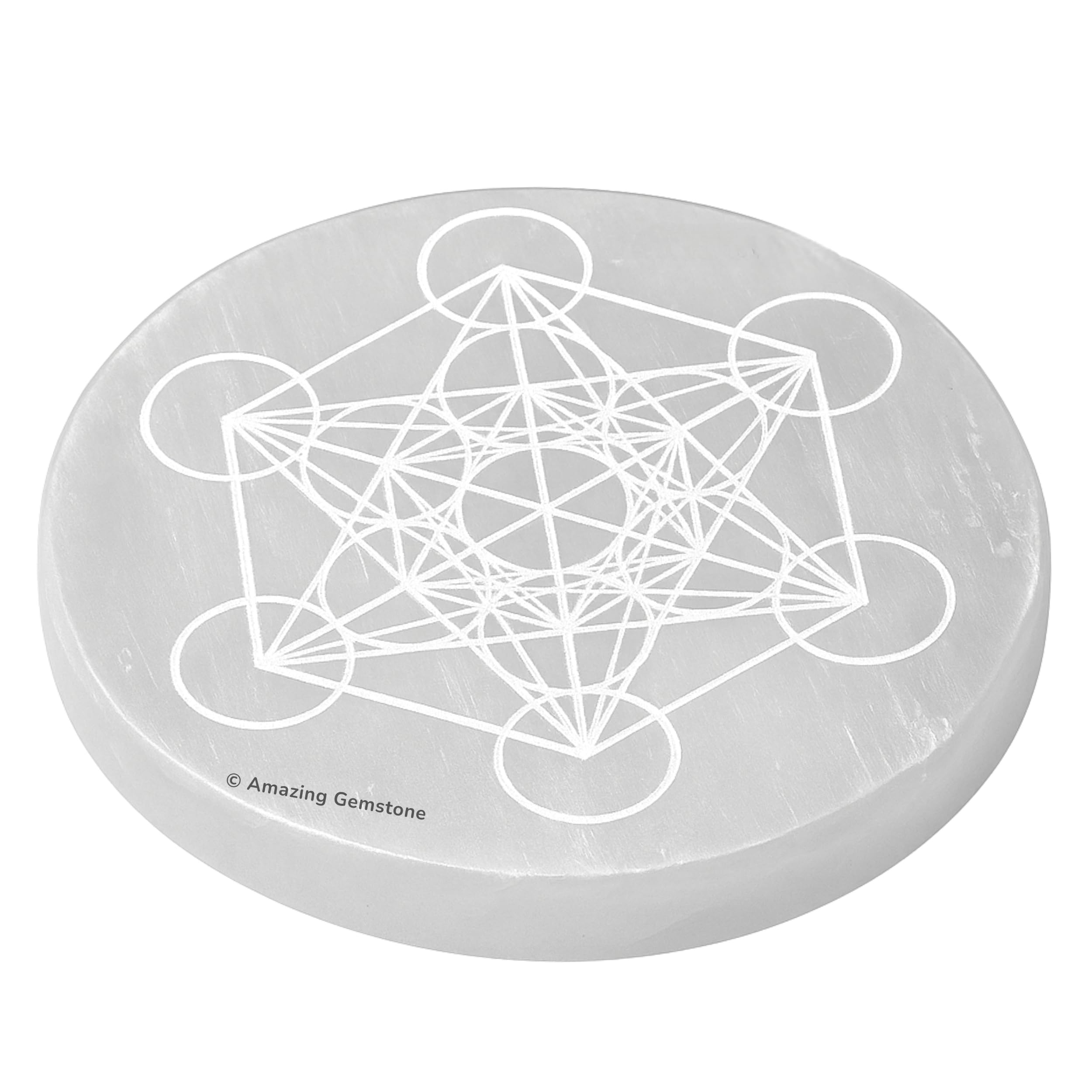 Amazing Gemstone Selenite Plate engraved Metatron Cube for energy alignment.