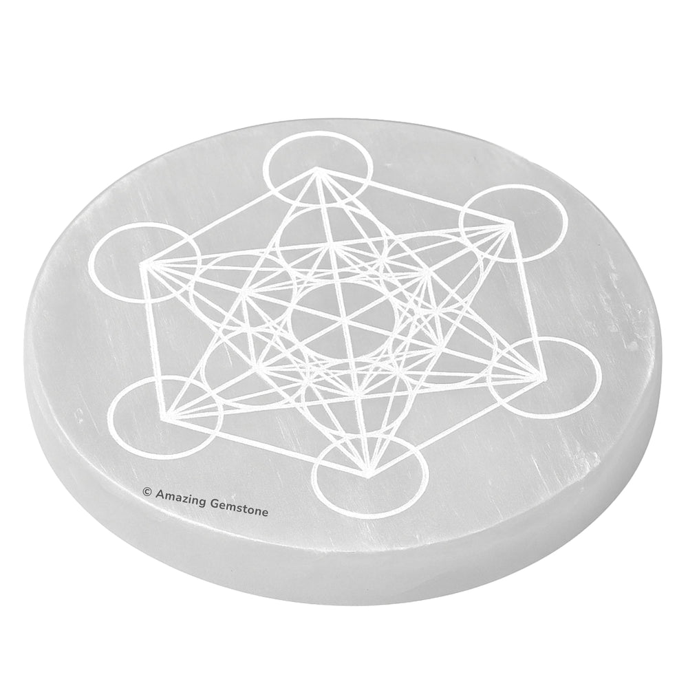 Amazing Gemstone Selenite Plate engraved Metatron Cube for energy alignment.