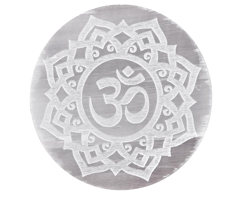 Amazing Gemstone selenite plate with Flower of Life engraving for crystal cleansing.