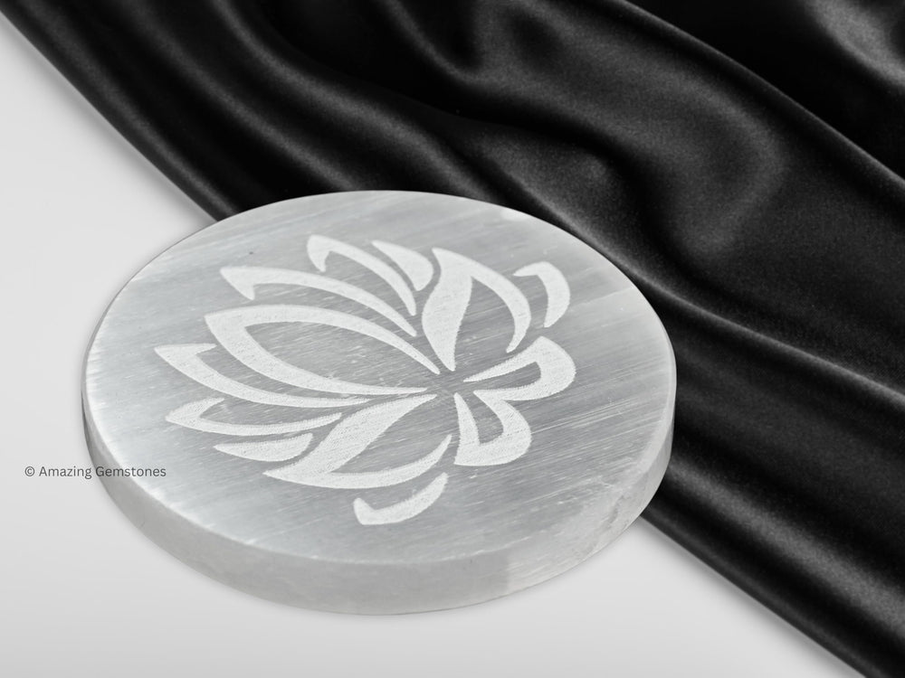Amazing Gemstone selenite plate features lotus design for balance.