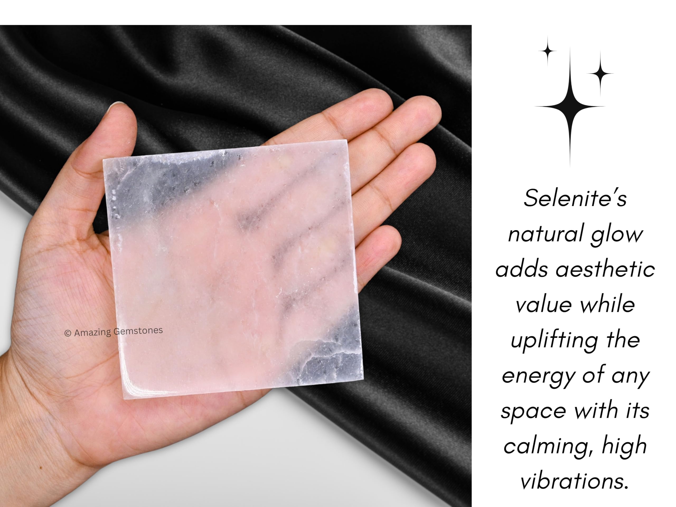Amazing Gemstone selenite square plate keeps crystals organized while adding soft light to desks