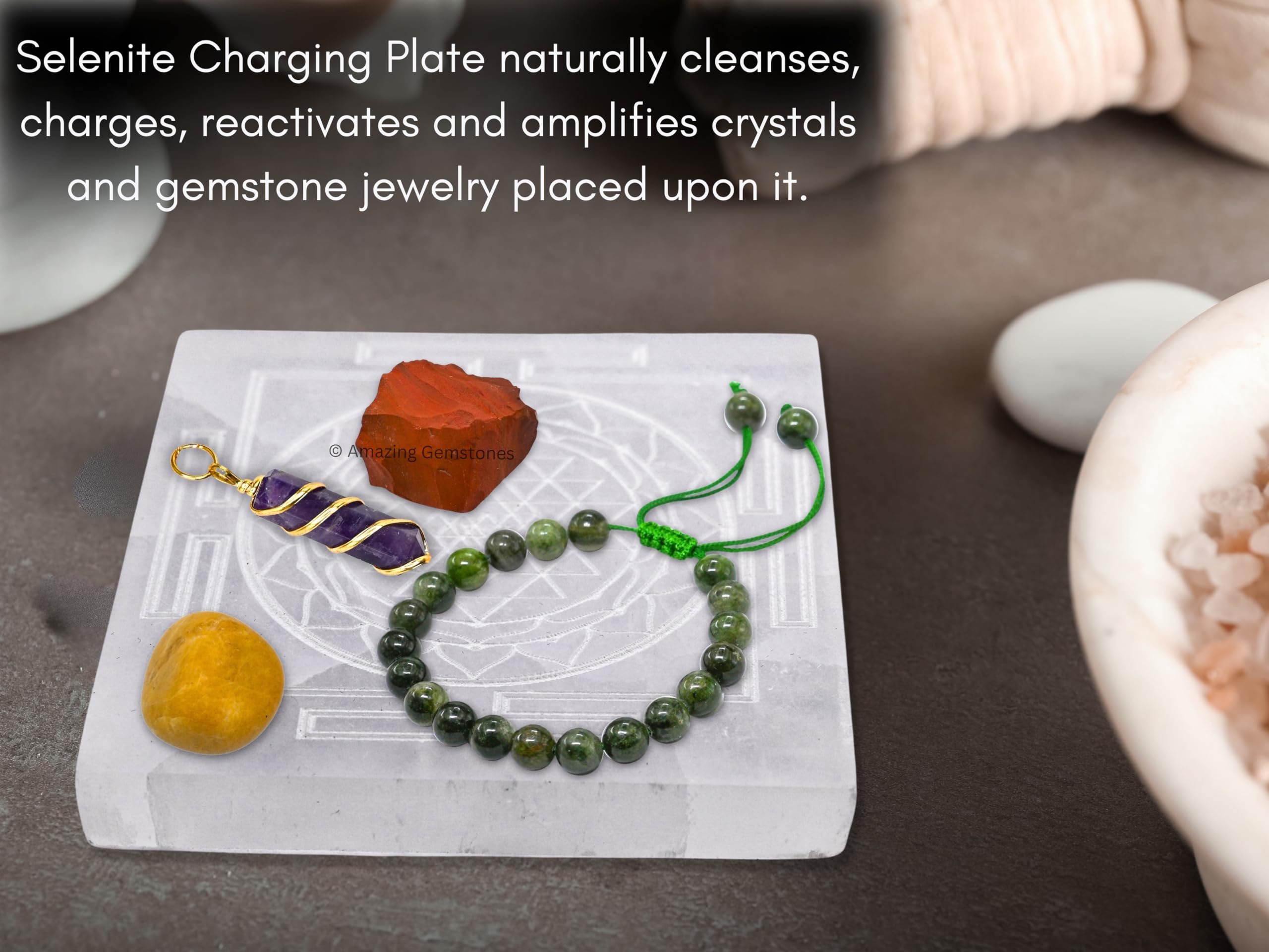 Amazing Gemstone selenite coaster serves as a display and cleansing-friendly surface