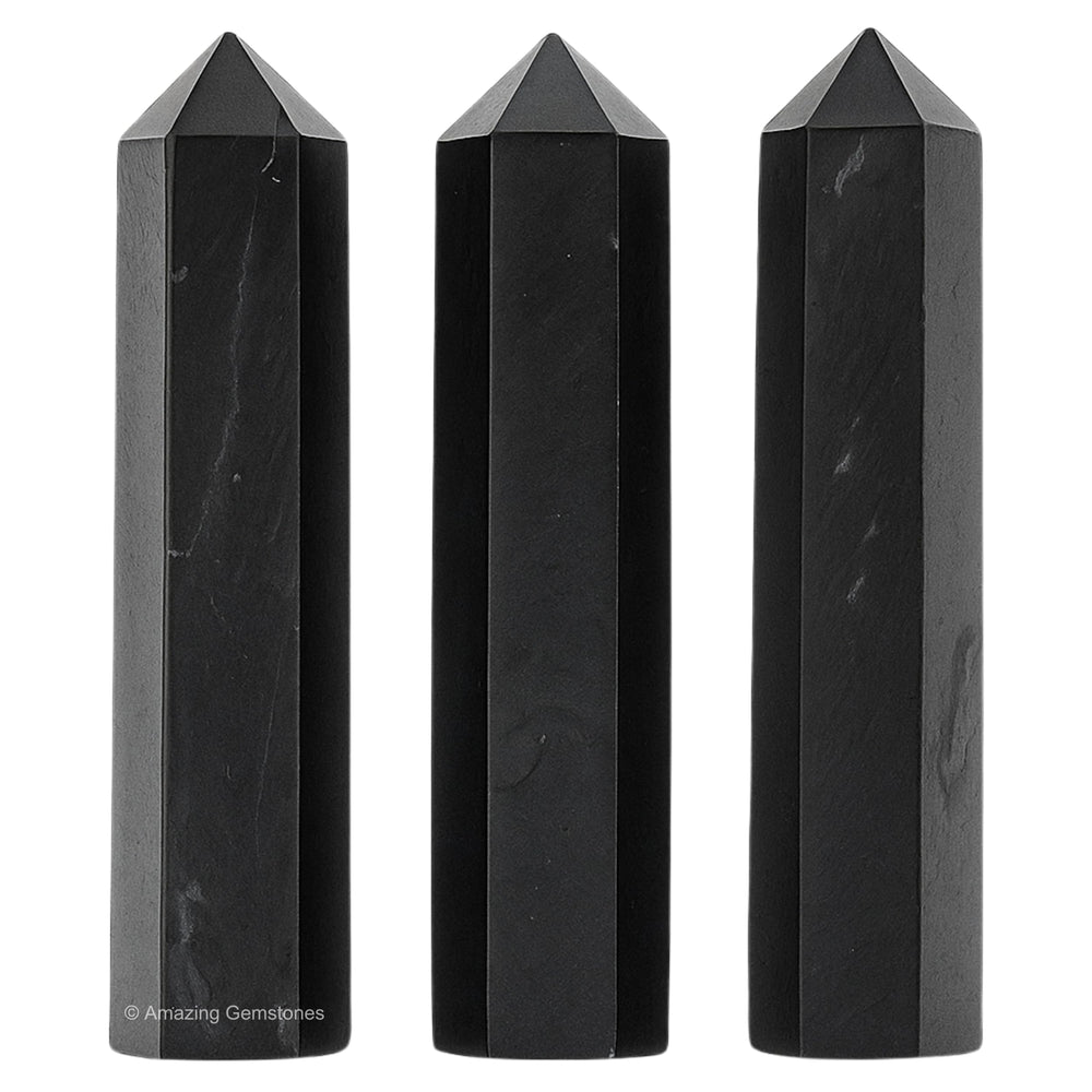 Amazing Gemstone Shungite point with velvet pouch for gift-ready use.