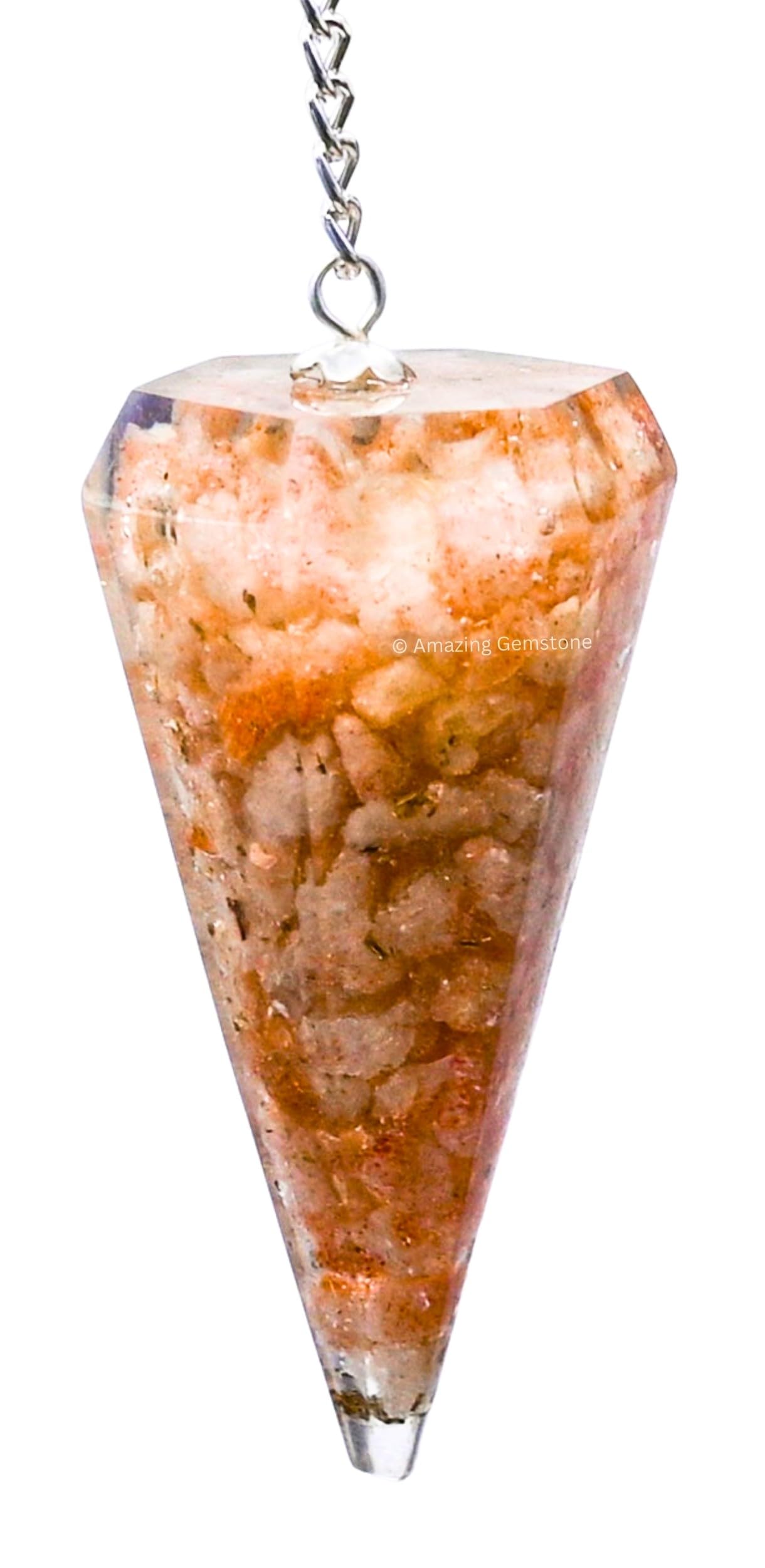 Amazing Gemstone Sunstone Orgone Pendulum with true motion for focused dowsing.