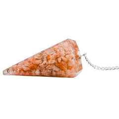 Close-up of Amazing Gemstone Sunstone Orgone Pendulum's sunstone crystal.