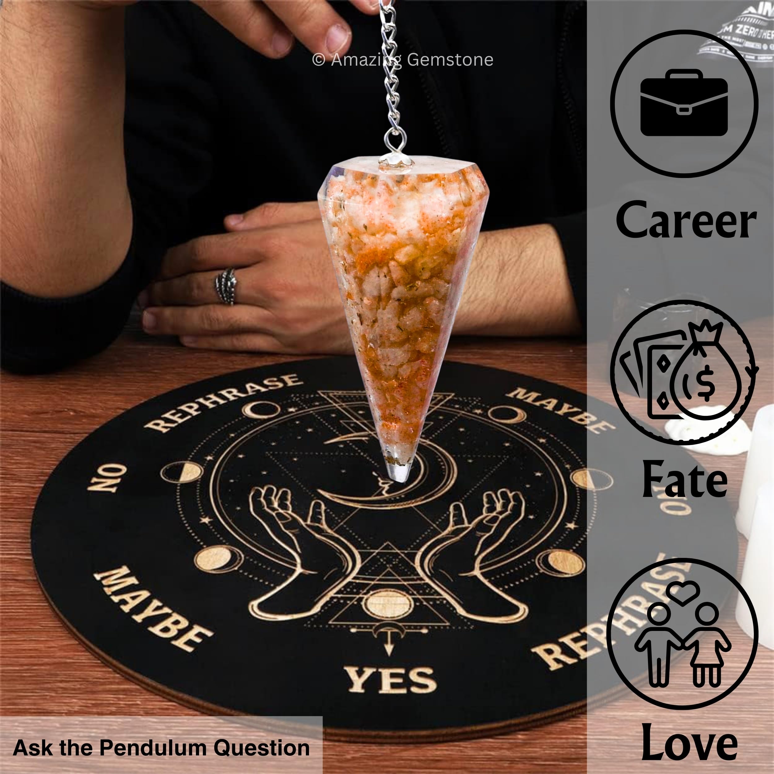 Amazing Gemstone Sunstone Orgone Pendulum ready-to-gift with velvet pouch.