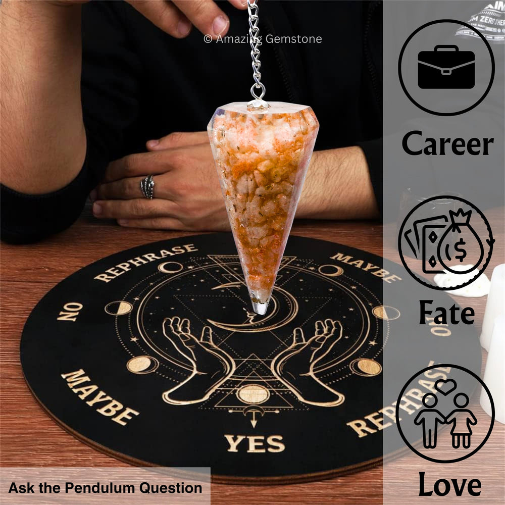Amazing Gemstone Sunstone Orgone Pendulum ready-to-gift with velvet pouch.