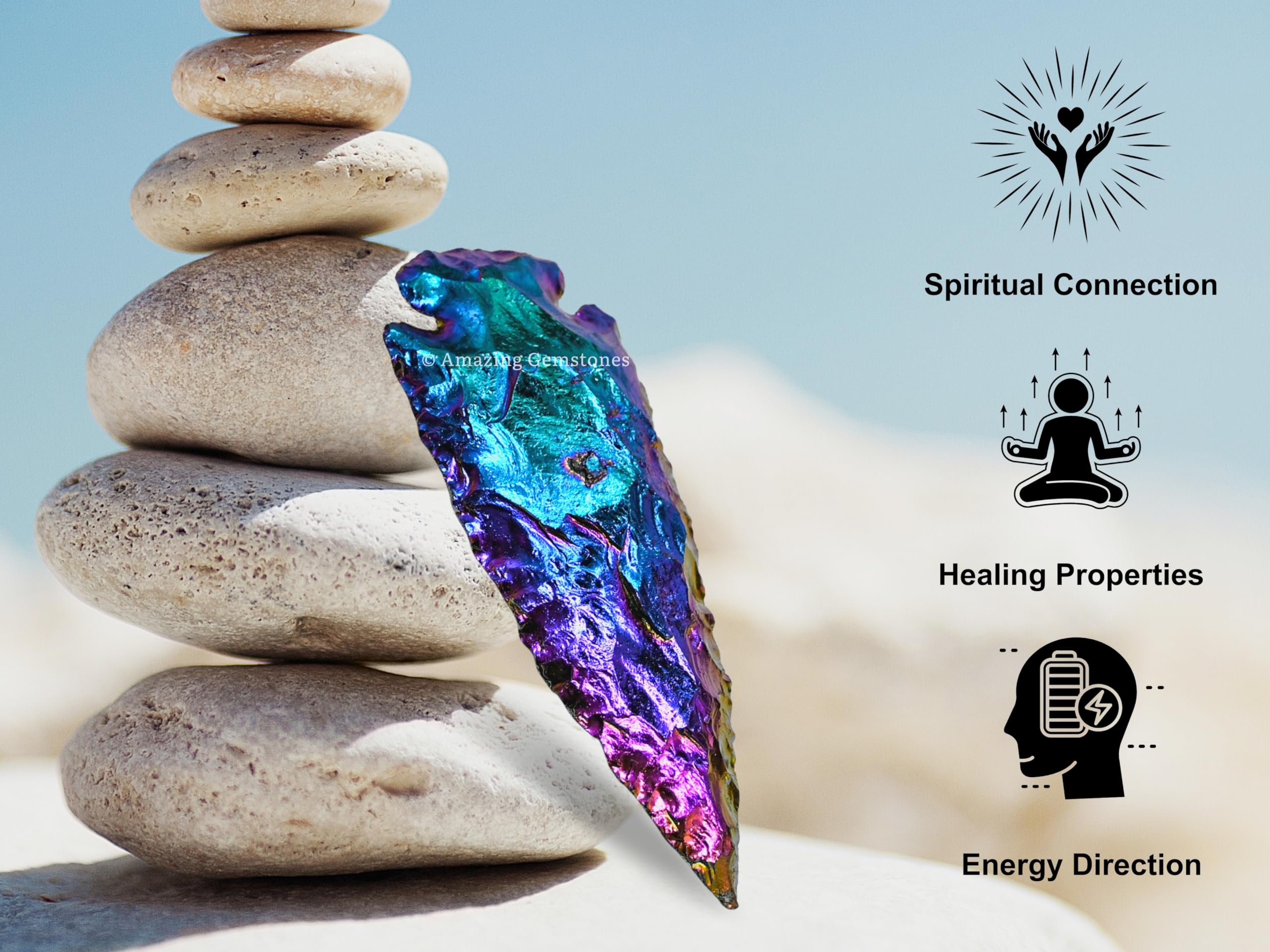 Amazing Gemstone Titanium Aura Quartz Arrowhead packaged in velvet bag for gifting