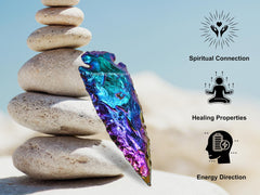 Amazing Gemstone Titanium Aura Quartz Arrowhead packaged in velvet bag for gifting