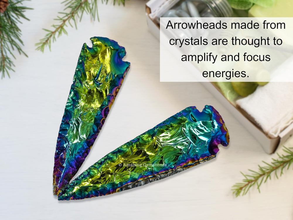 Amazing Gemstone titanium aura quartz arrowhead in velvet gift bag ready for gifting