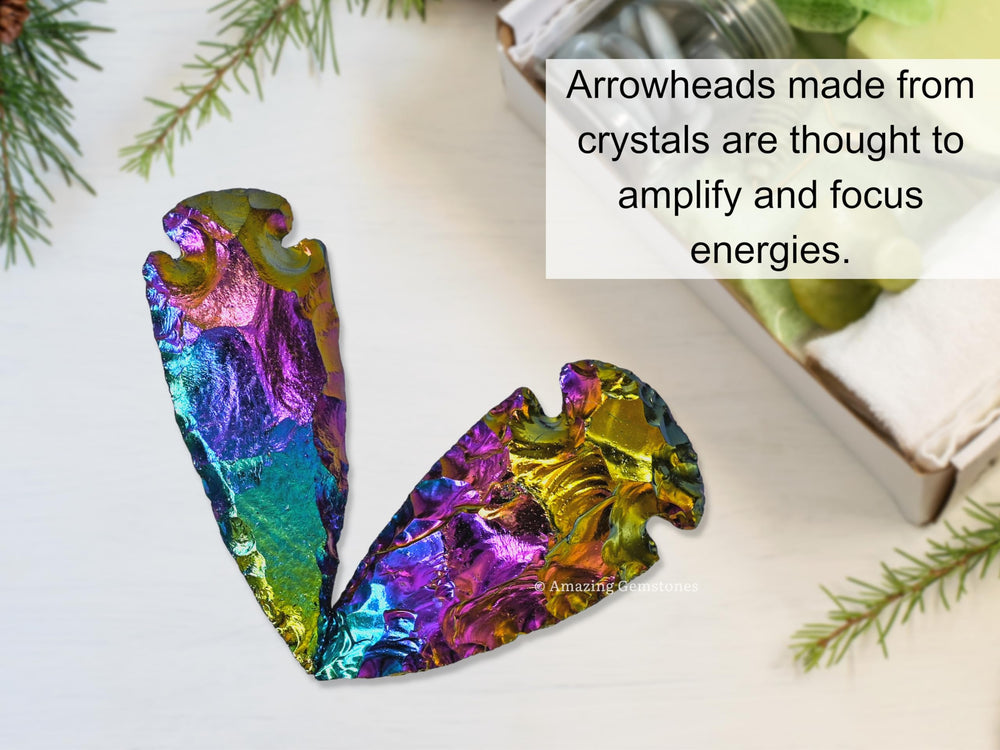 Amazing Gemstone Titanium Aura Quartz Arrowhead 2-3 inch set ships with velvet pouch