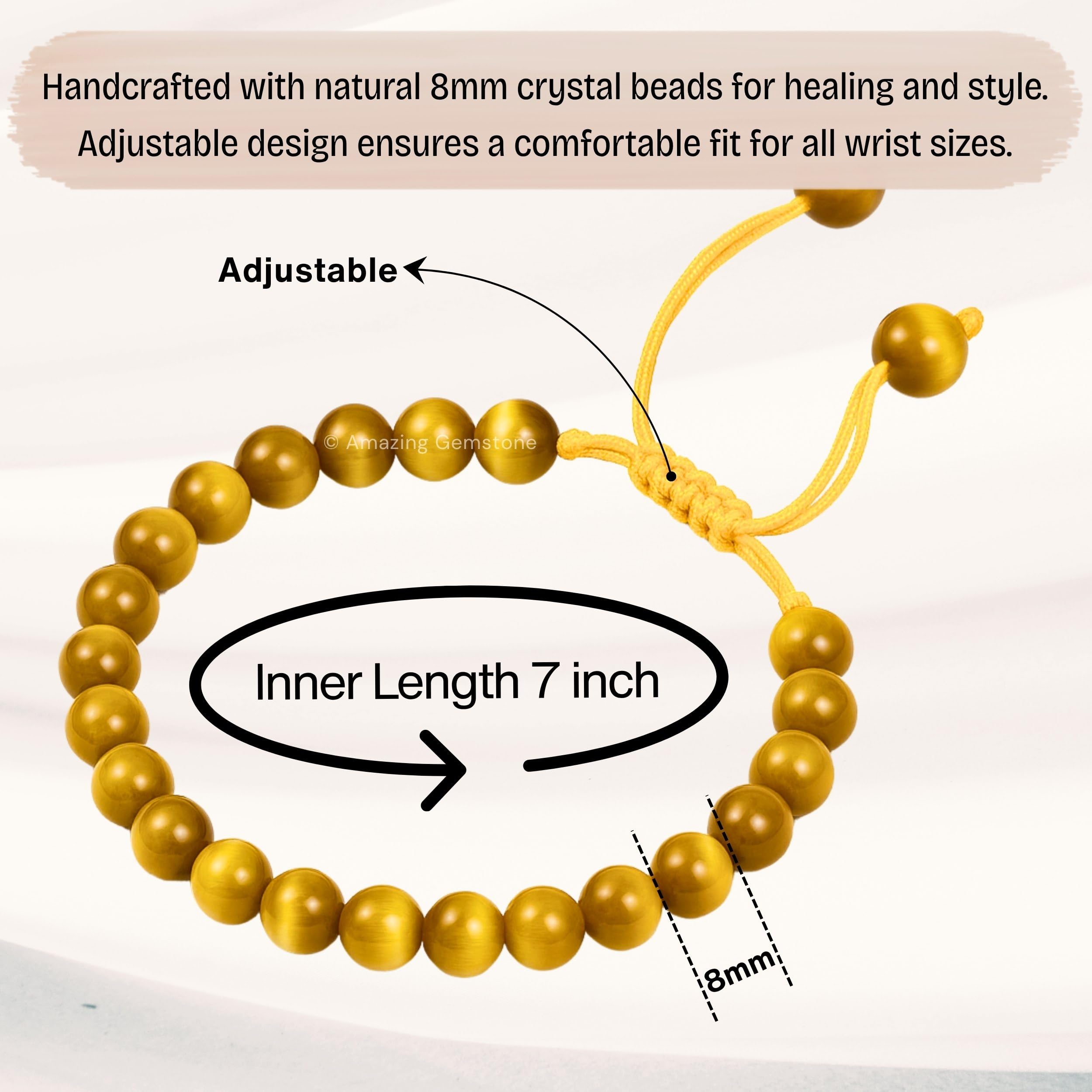 Amazing Gemstone Yellow Cat's Eye bracelet features 8mm beads and natural energy.