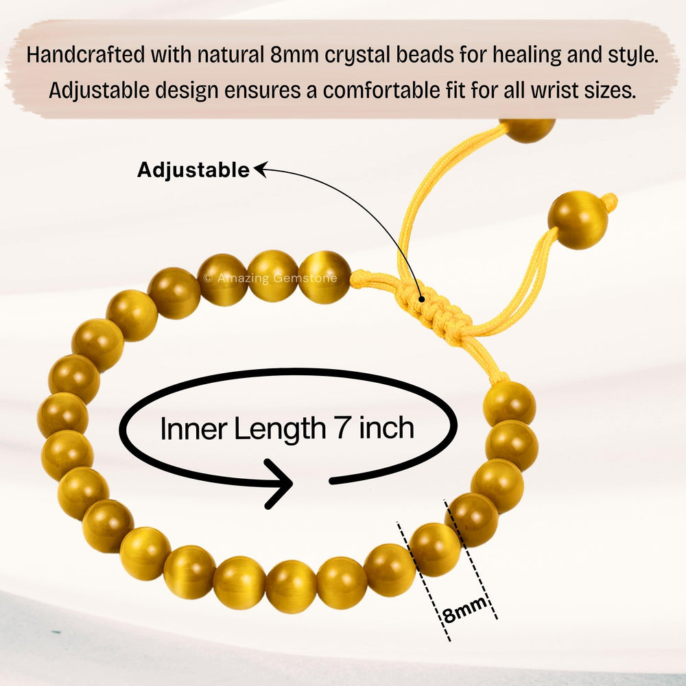Amazing Gemstone Yellow Cat's Eye bracelet features 8mm beads and natural energy.