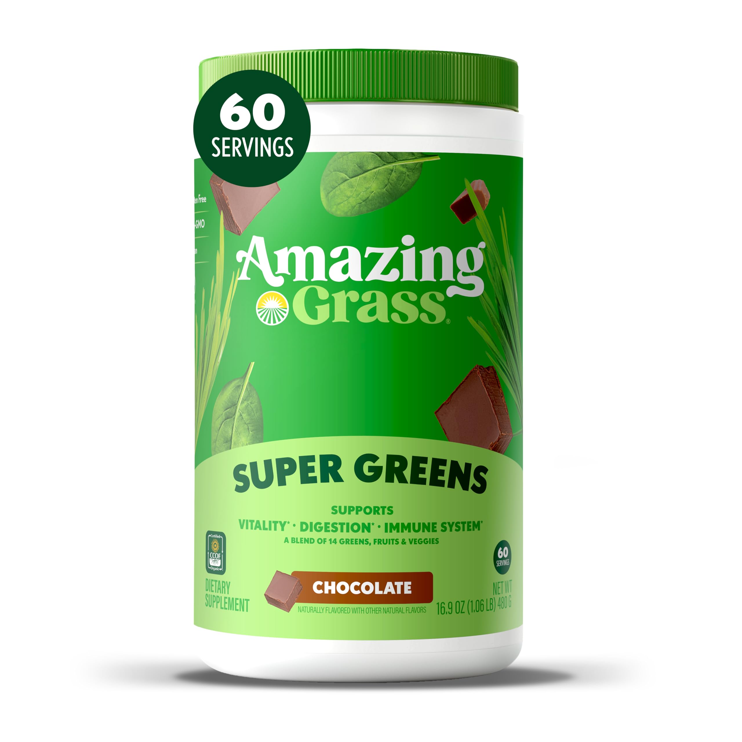 Amazing Grass greens powder bottle showcasing organic greens for daily nutrition.