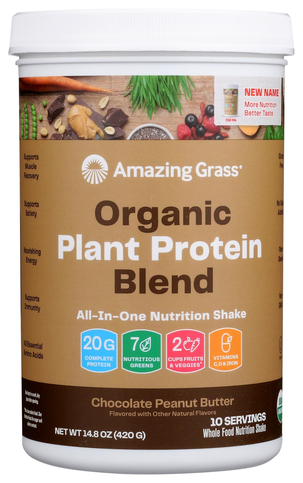Amazing Grass Organic Plant Protein Blend bottle pour showcases creamy texture and convenient nutrition.