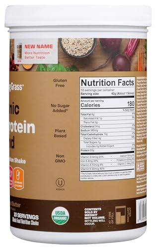 Amazing Grass Organic Plant Protein Blend packaging emphasizes servings and total nutrition.