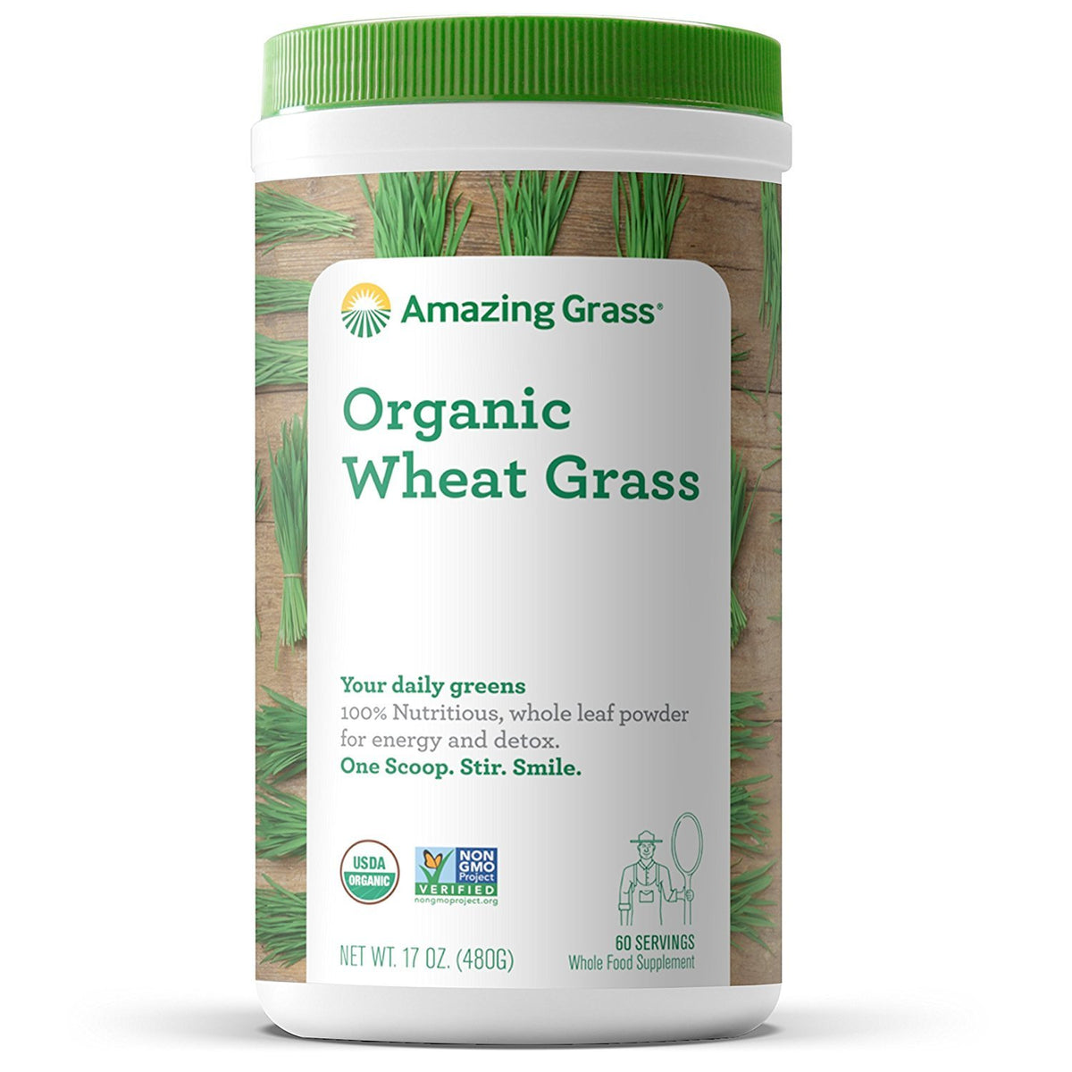 Amazing Grass Wheat Grass Powder container highlighting organic whole-leaf greens for daily energy.