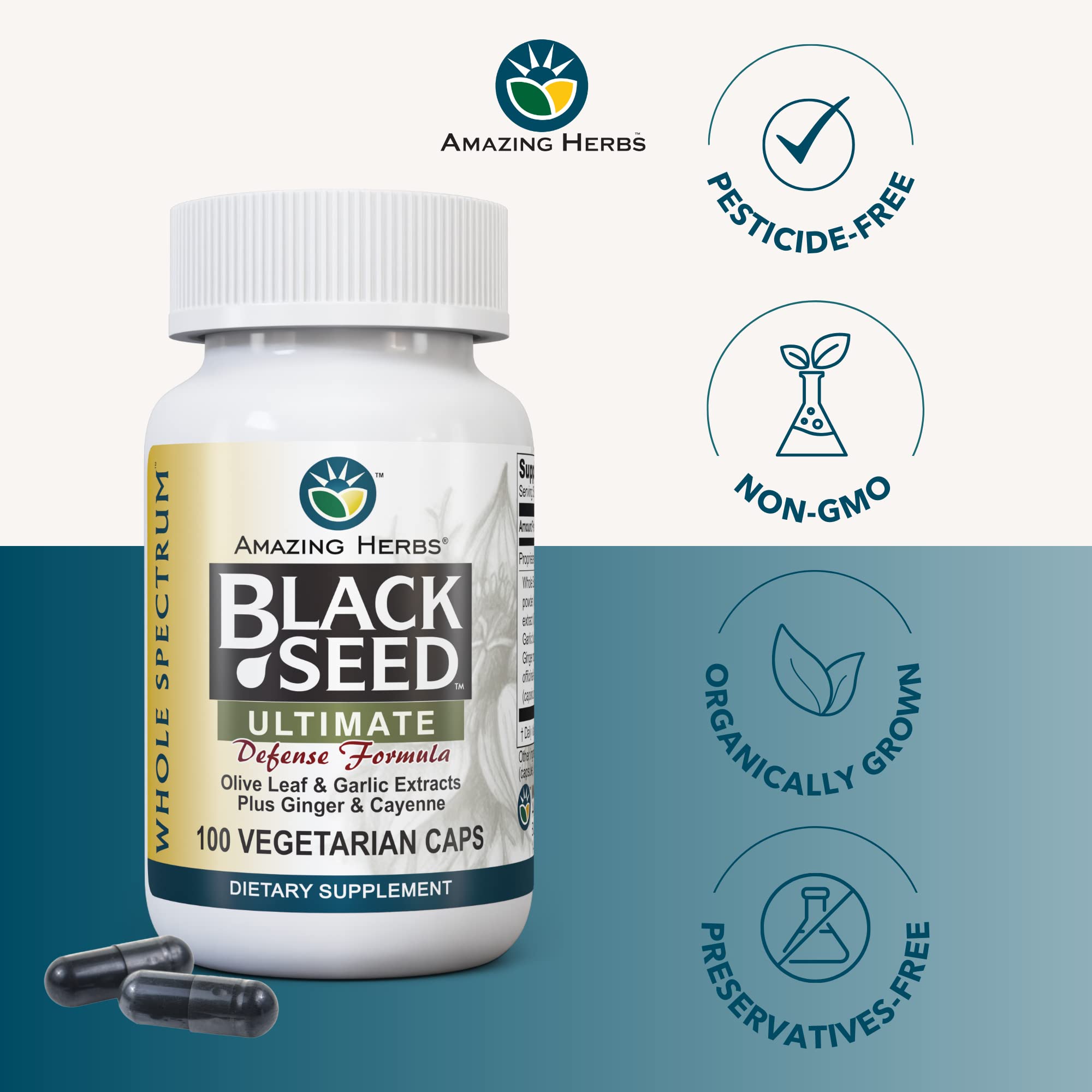 Amazing Herbs 100-count capsules bottle shown for extended use