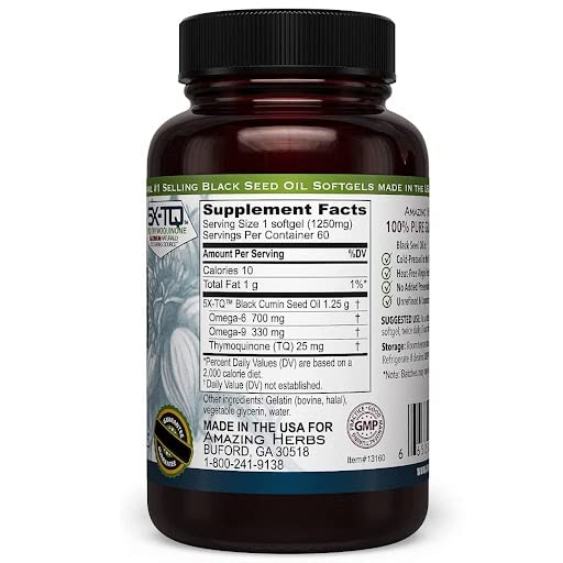 Amazing Herbs 1250mg capsules closeup highlights potent thymoquinone content and potency.