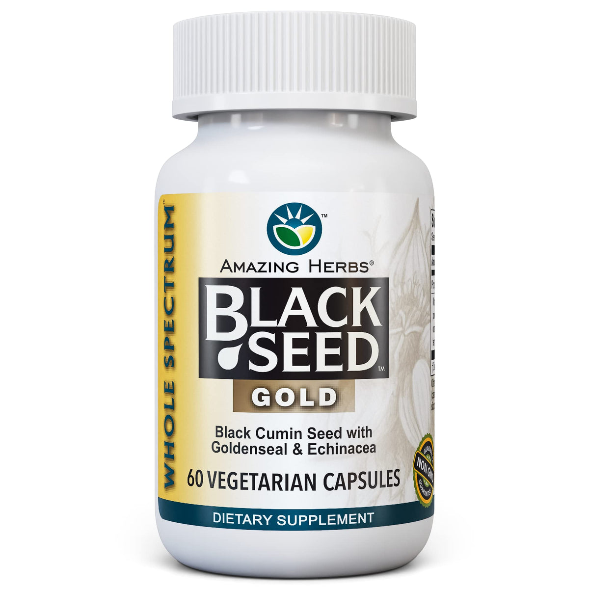 Amazing Herbs Black Seed Gold bottle with immune-support blend.