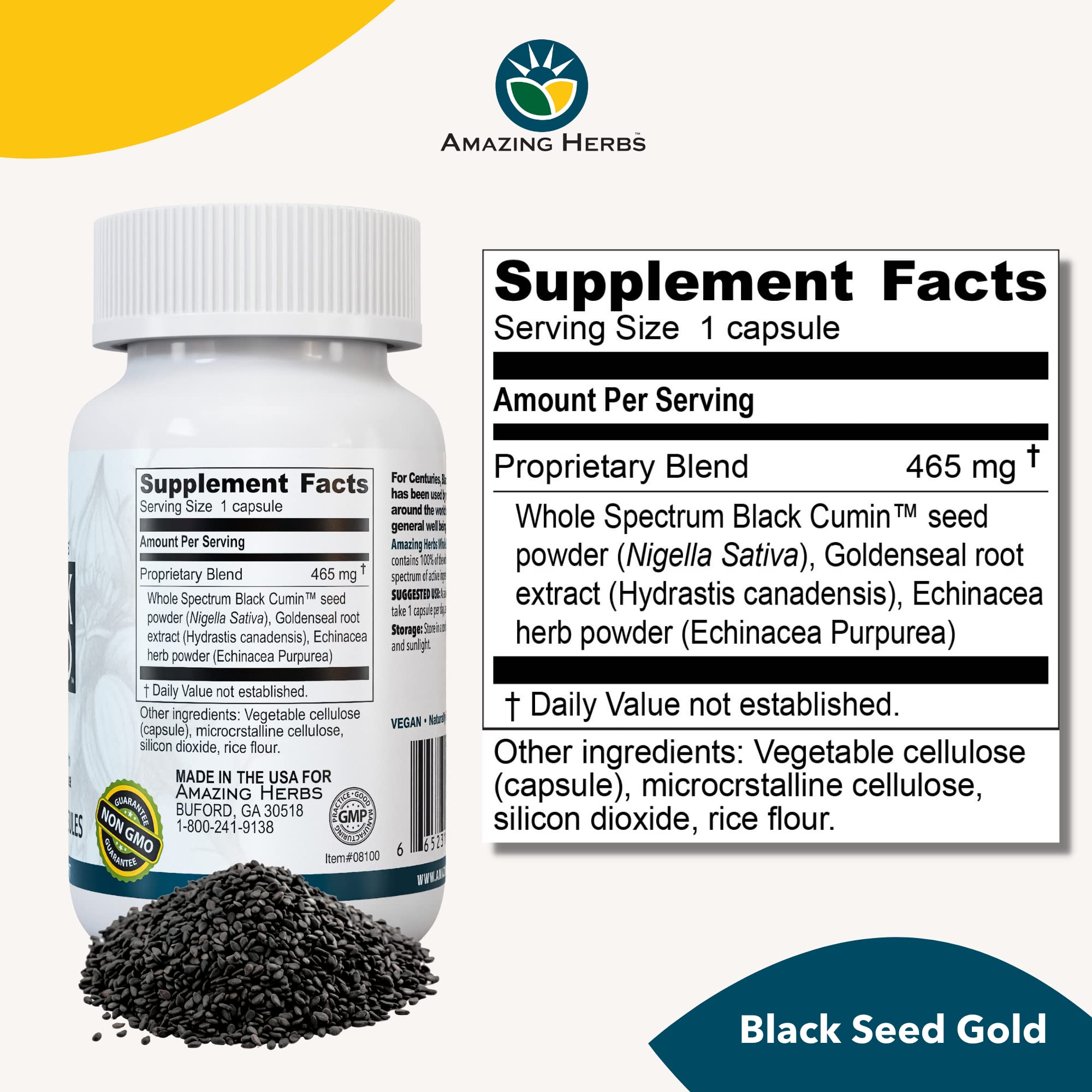 Amazing Herbs Black Seed Gold capsules ready for daily use.