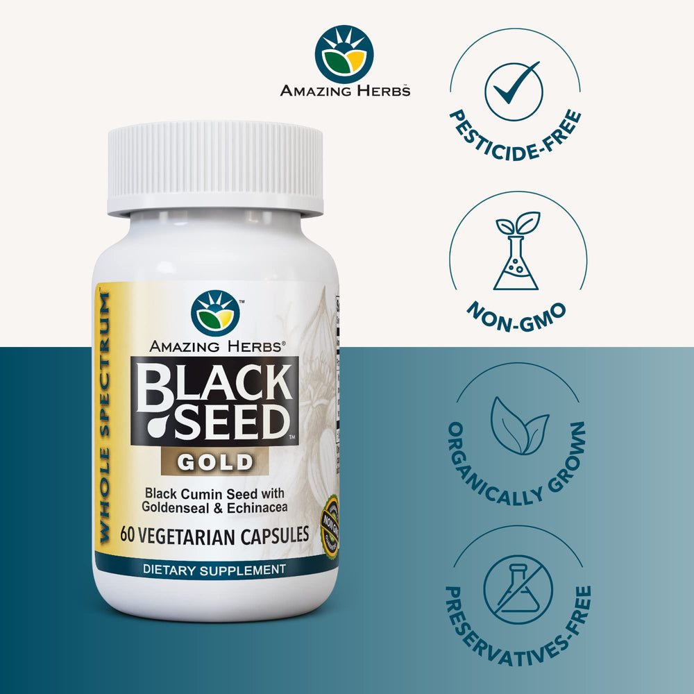 Amazing Herbs Black Seed Gold packaging highlighting gluten-free formula.