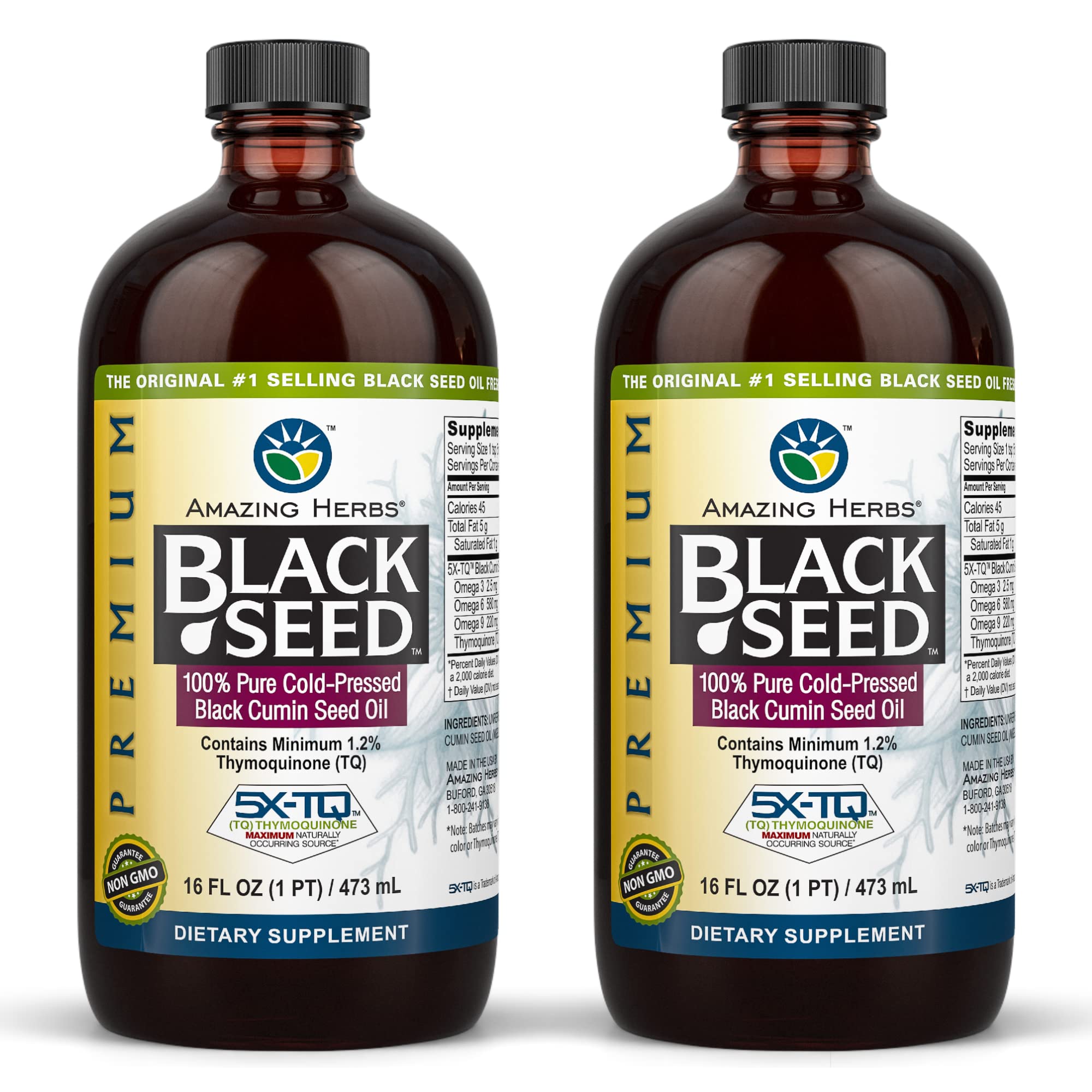 Amazing Herbs black seed oil bottle front highlights premium cold-pressed oil for daily wellness