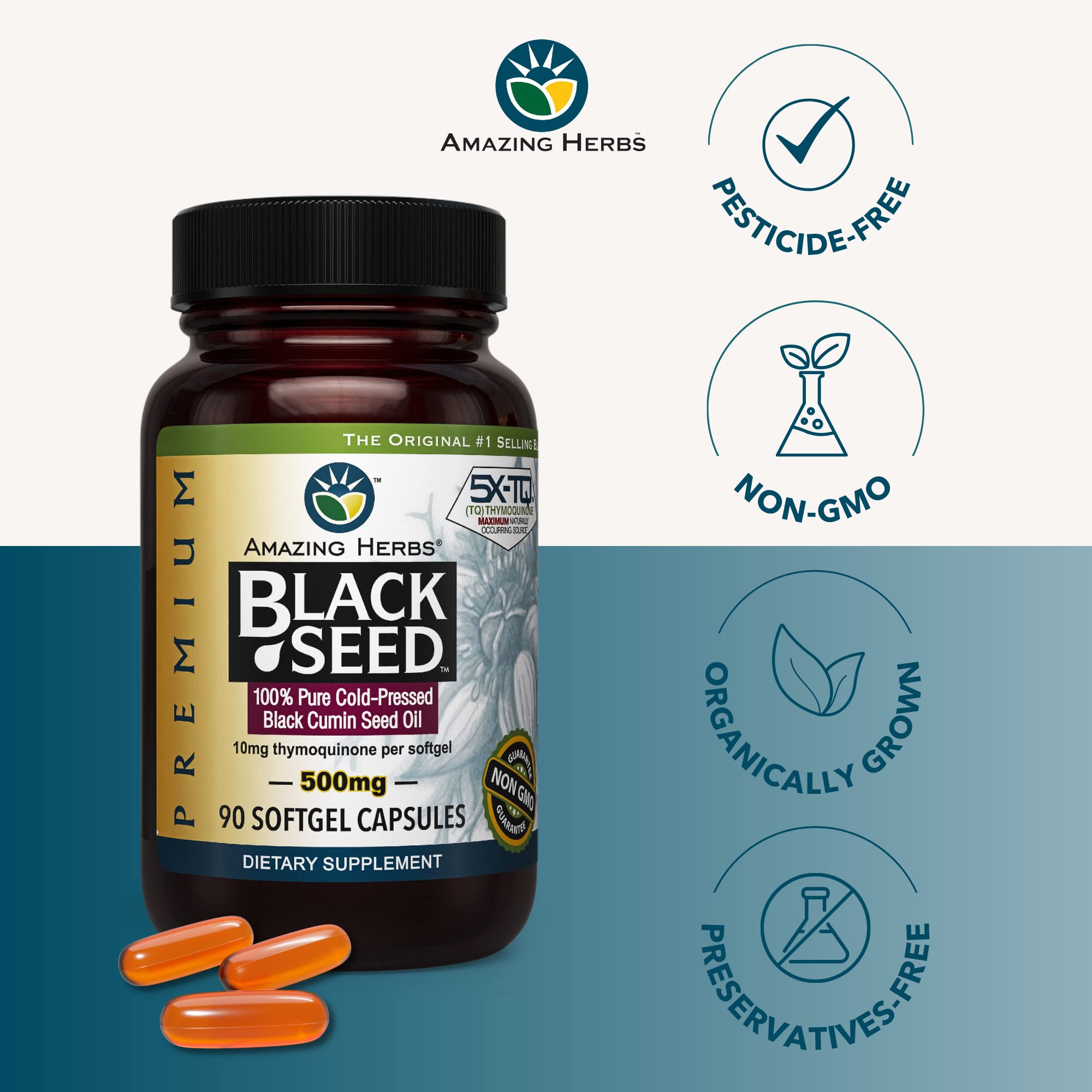 Amazing Herbs black seed oil bottle label highlighting cold-pressed and non-GMO credentials.