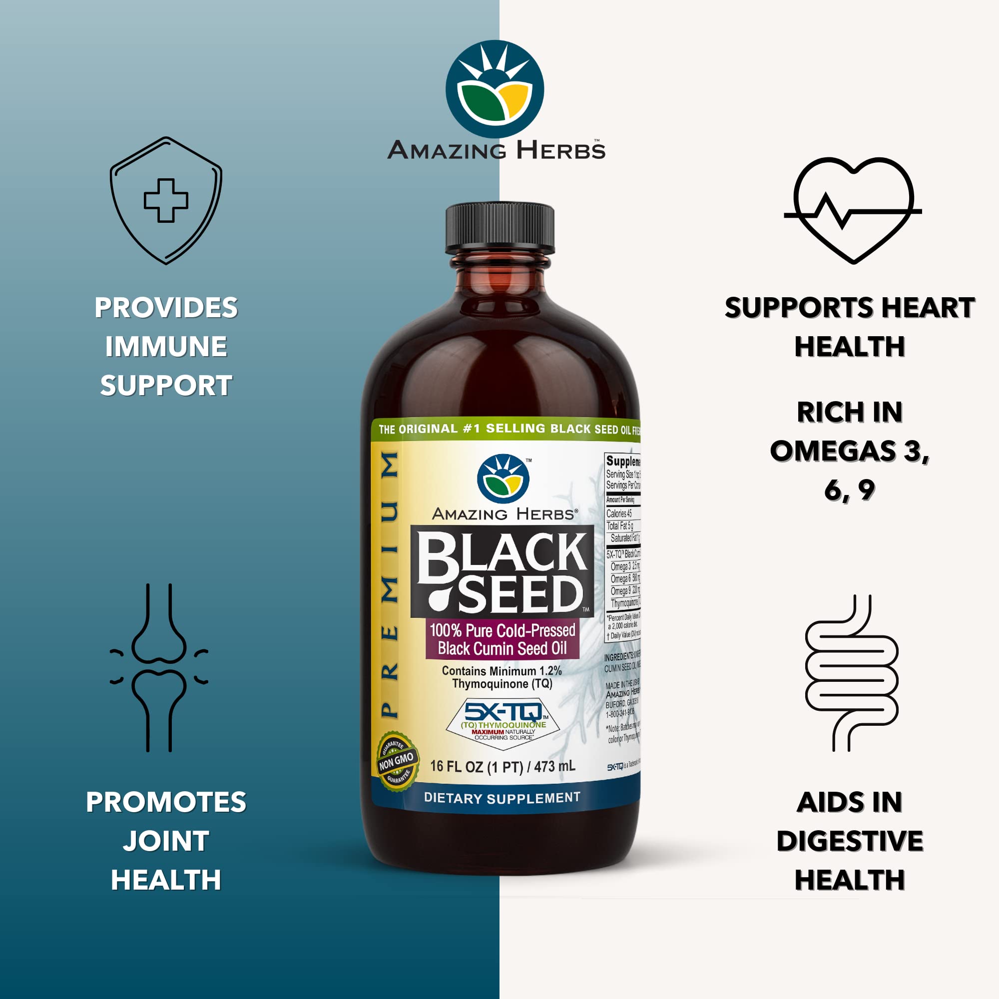 Amazing Herbs black seed oil bottle pour shows convenient drizzle for meals and beverages