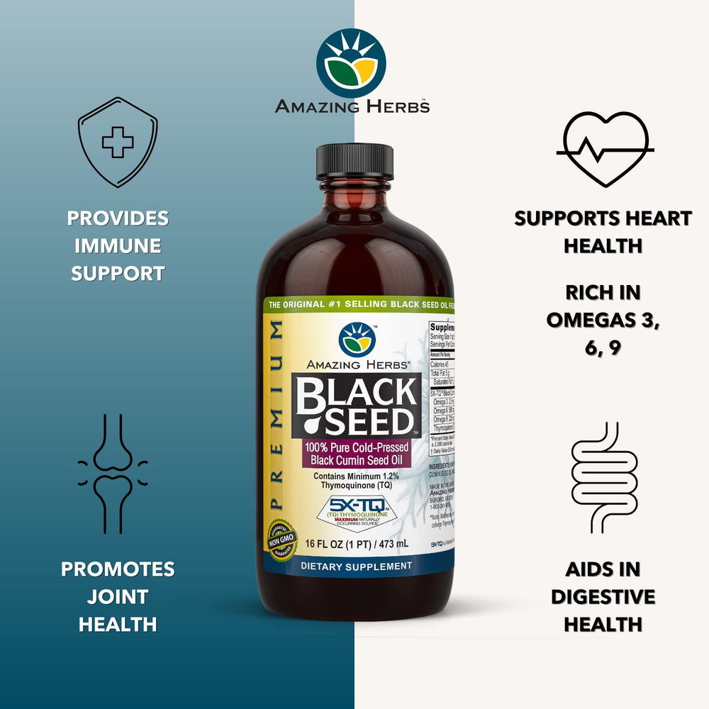 Amazing Herbs black seed oil bottle pour shows convenient drizzle for meals and beverages