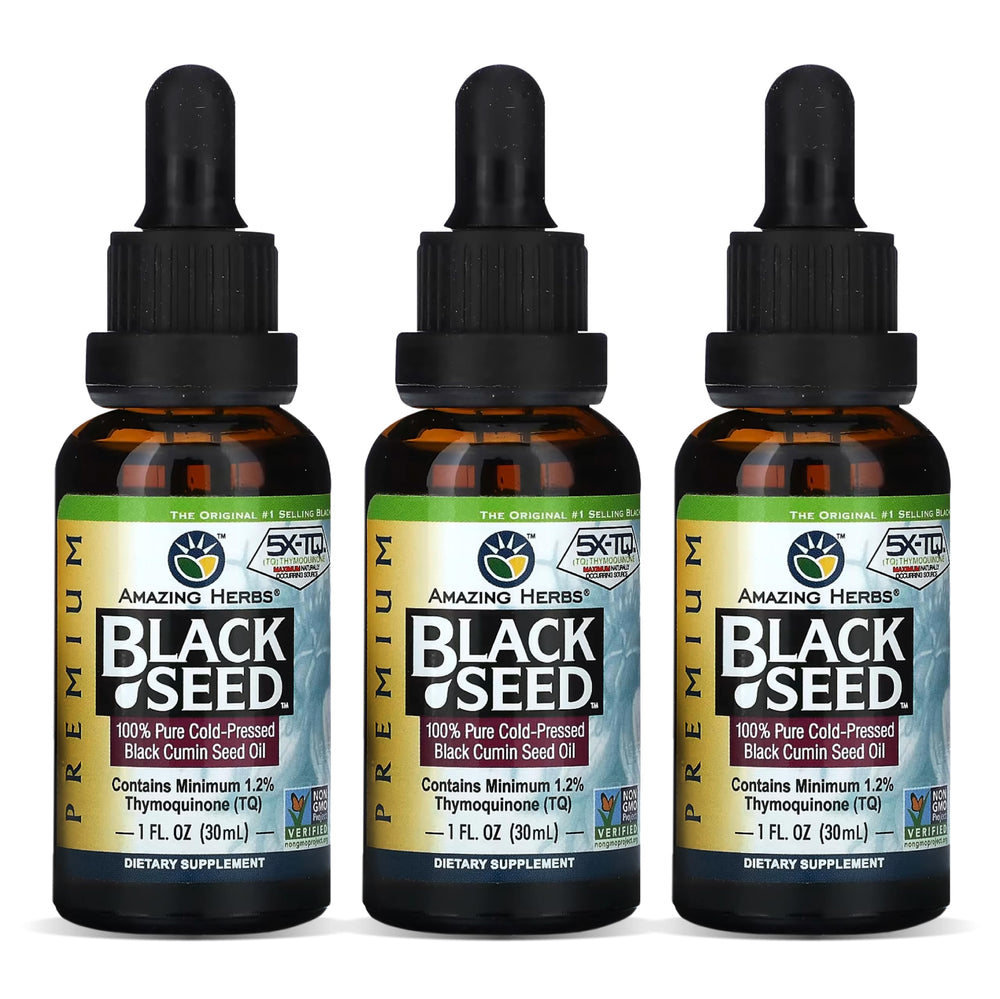 Amazing Herbs black seed oil bottle with clear label for daily wellness