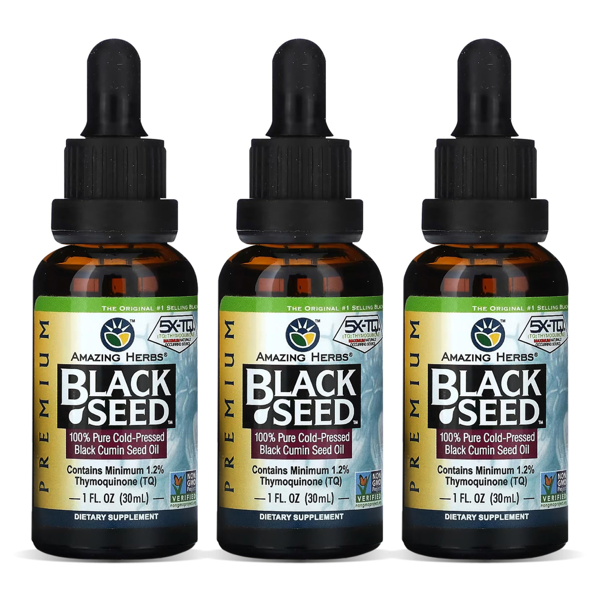 Amazing Herbs black seed oil bottle with clear label for daily wellness