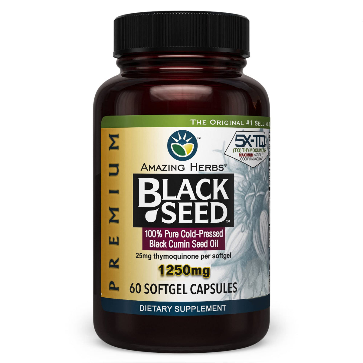 Amazing Herbs black seed oil capsules bottle shows premium ingredients for daily wellness.