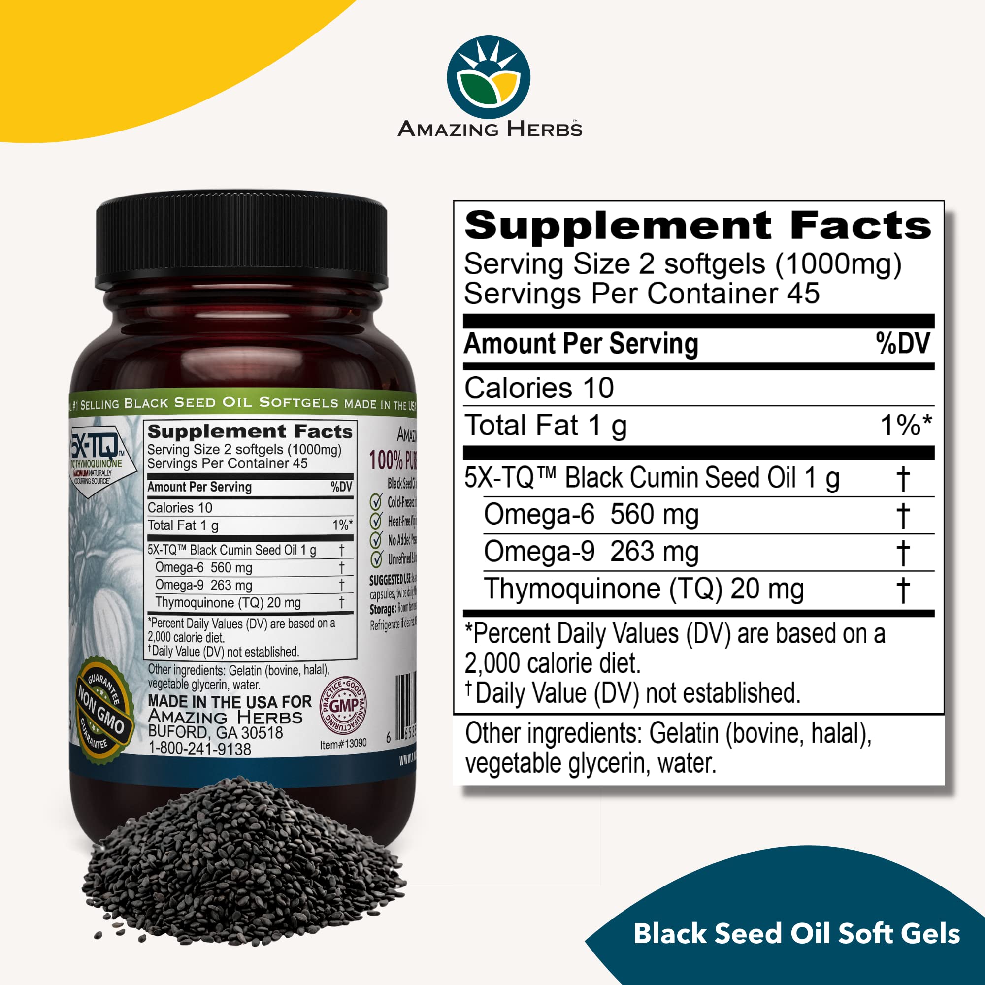 Amazing Herbs capsules close-up showing 500mg Nigella Sativa for potent daily use and health benefits.