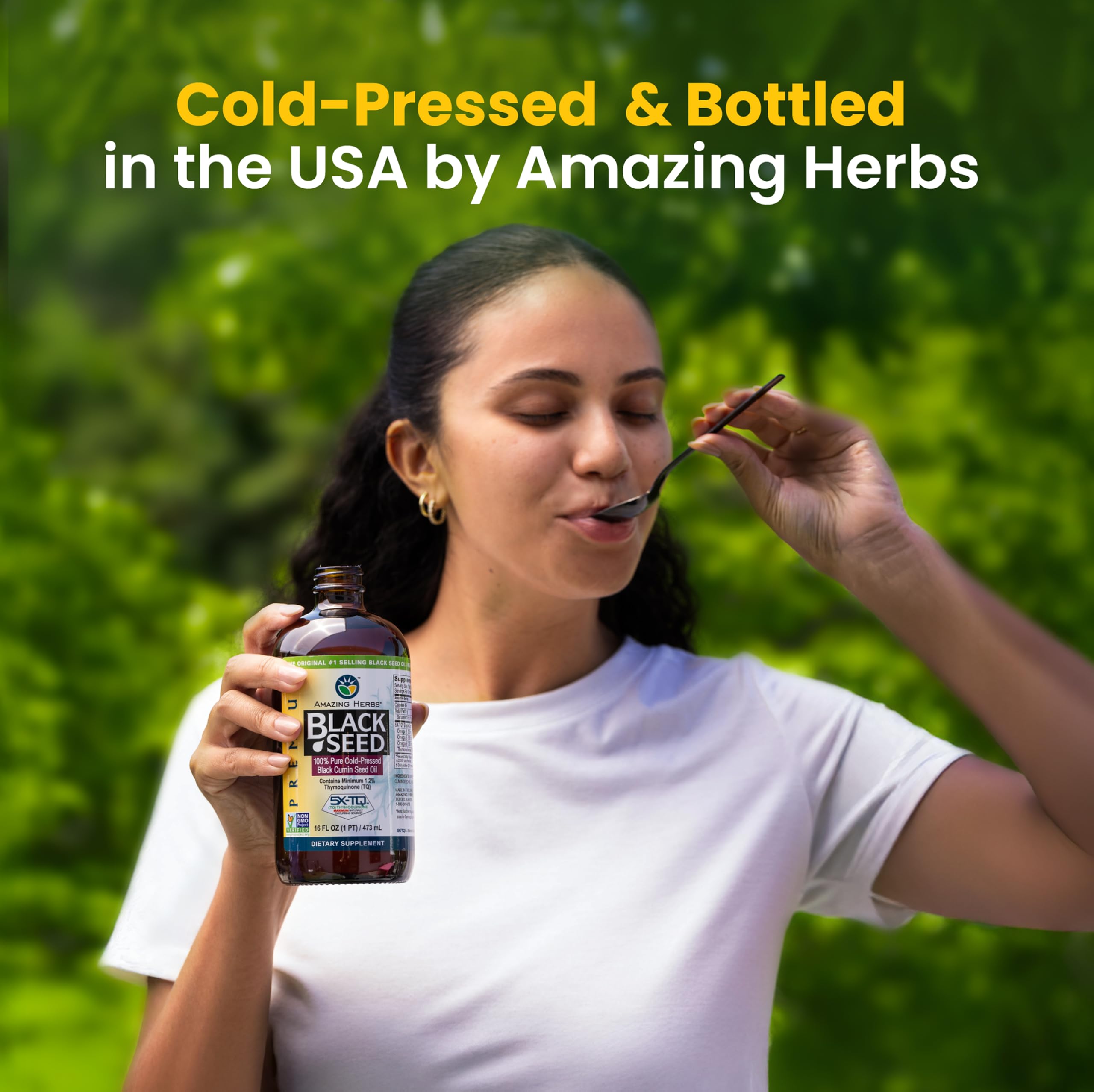 Amazing Herbs black seed oil dropper ready for use in meals or beverages.
