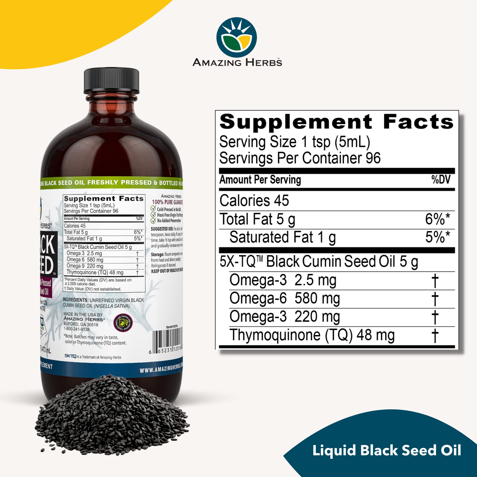 Amazing Herbs black seed oil glass bottle in kitchen evokes premium pantry staple