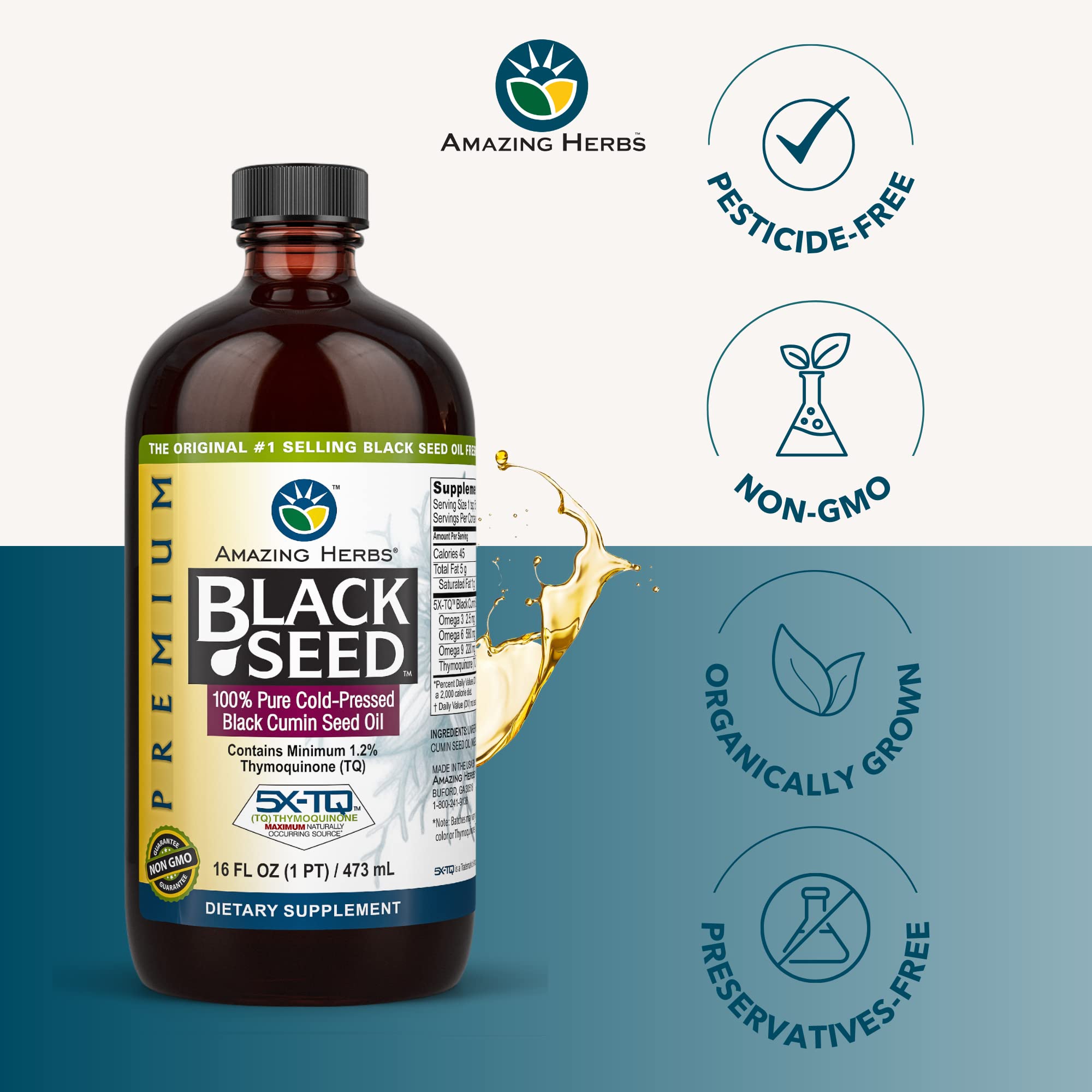 Amazing Herbs black seed oil label closeup confirms gluten-free and non-GMO quality