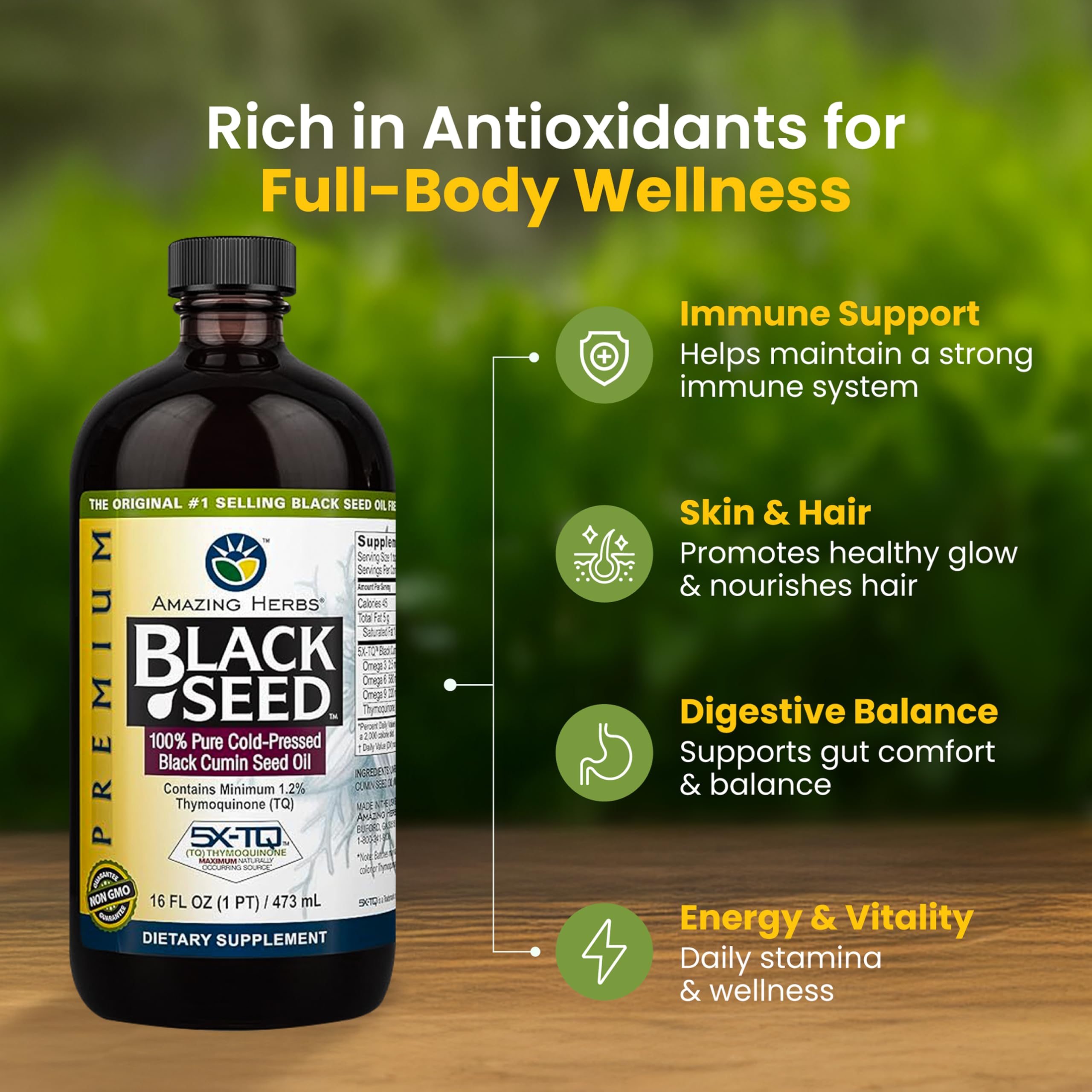 Amazing Herbs Black Seed Oil seeds close-up show natural, raw ingredients.