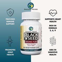 Amazing Herbs Black Seed Original Plain capsules closeup highlighting premium Nigella sativa.