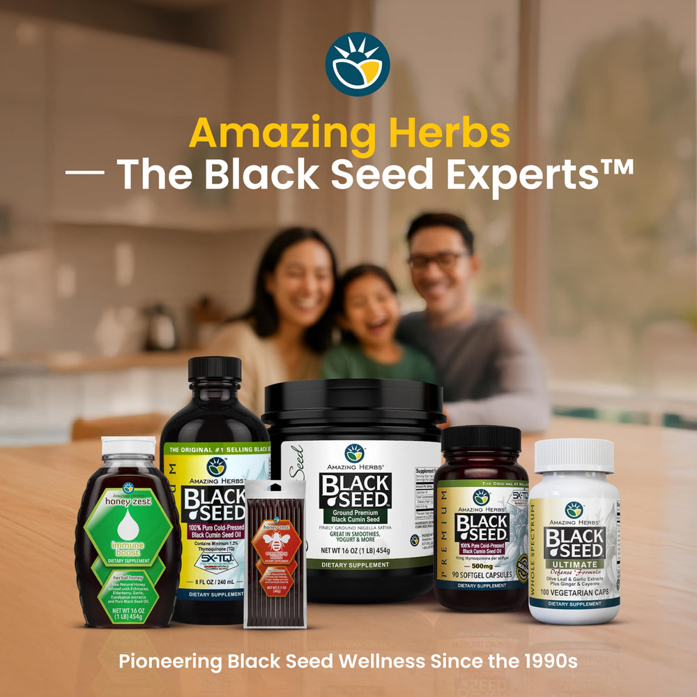 A hand holds the Amazing Herbs black seed oil bottle for daily use.