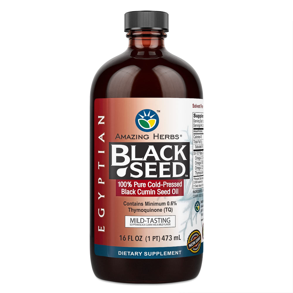 Amazing Herbs Egyptian Black Seed Oil bottle pour with mild flavor for daily use.