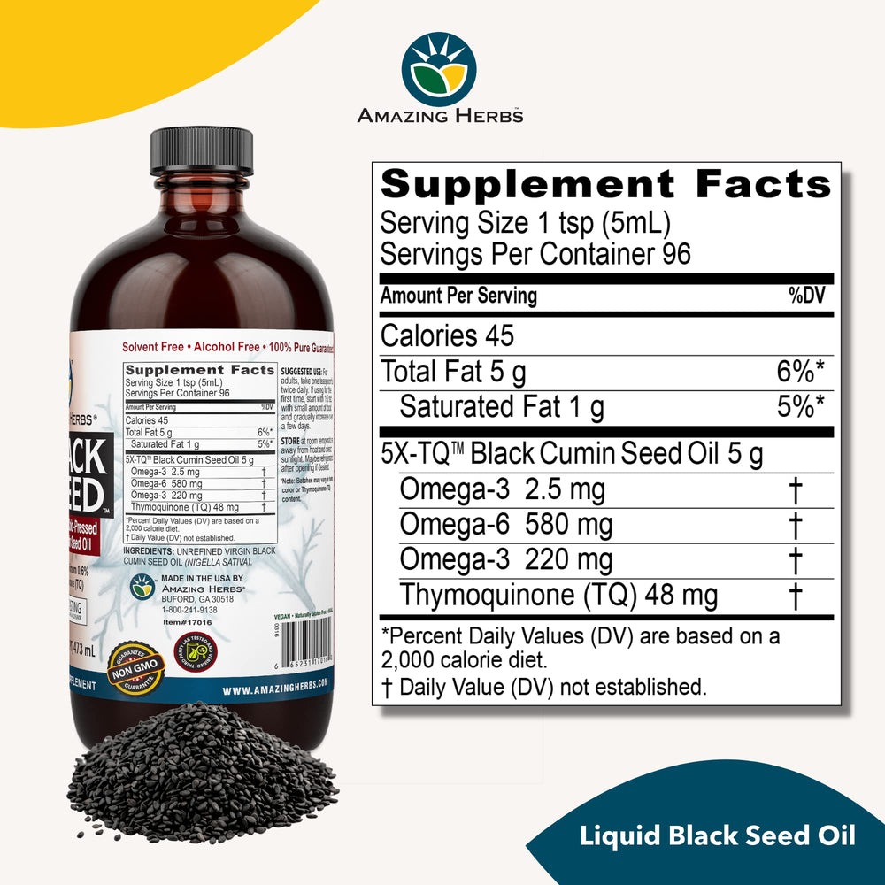Amazing Herbs Egyptian Black Seed Oil close-up of cold-pressed processing quality.