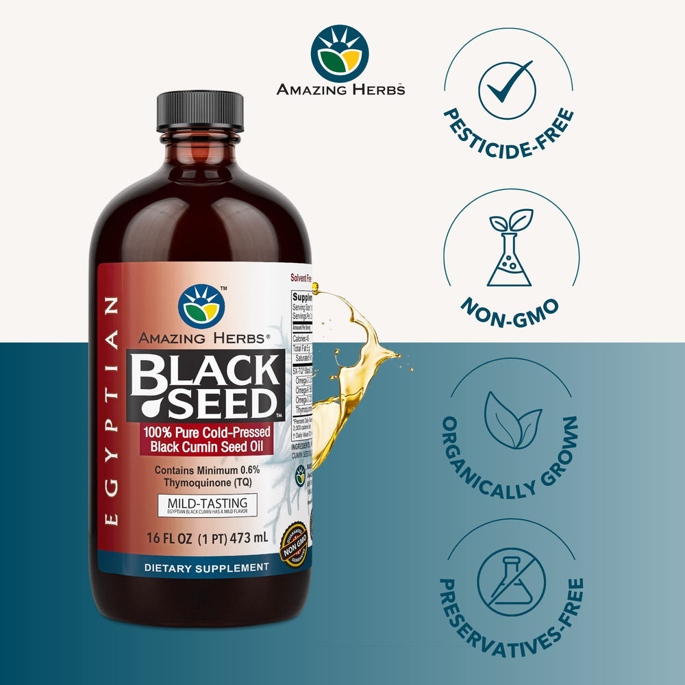 Amazing Herbs Egyptian Black Seed Oil glass bottle on shelf highlighting premium oil.