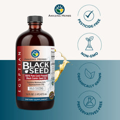 Amazing Herbs Egyptian Black Seed Oil glass bottle on shelf highlighting premium oil.