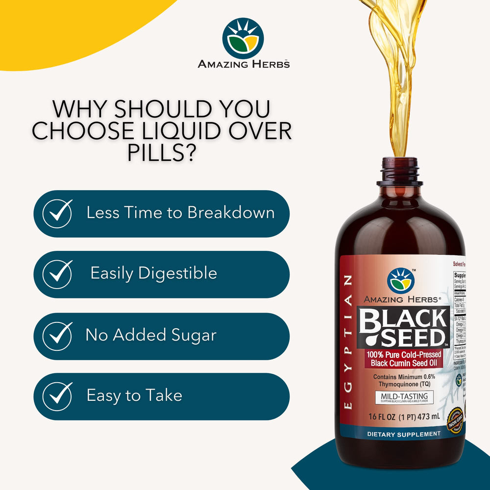 Amazing Herbs Egyptian Black Seed Oil ingredients panel with organic seeds.